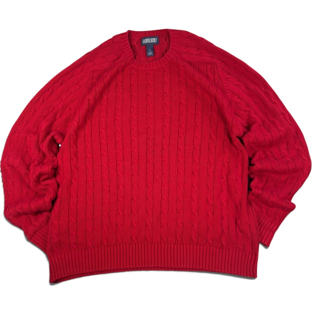 Lands End Vintage Made in USA Red Cable Knit Cotton Sweater Mens XL 46-48